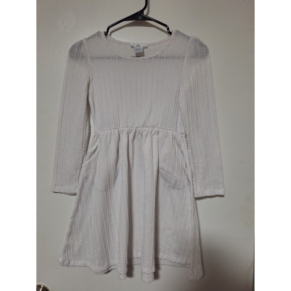 Emma & Elsa Girls Size 10 White Cable Knit Long Sleeve Dress Pockets Textured